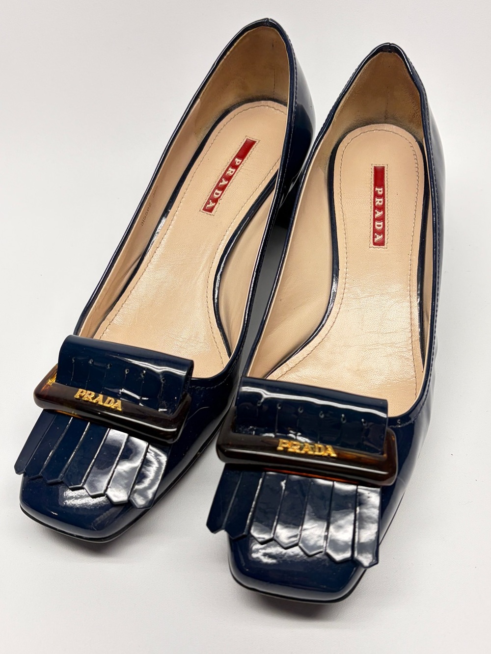 Authentic PRADA Patent Tassel Kiltie Navy Blue Buckle Loafer Pumps EU 38.5